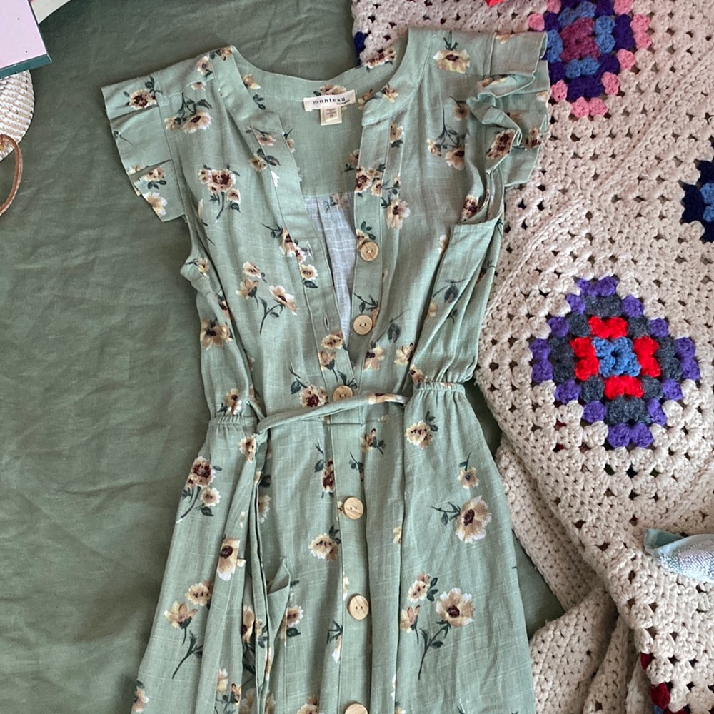 FLORAL GREEN LINEN SUMMER MIDI DRESS